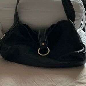 Everyday Black Leather Shoulder Bag with Ring Accent